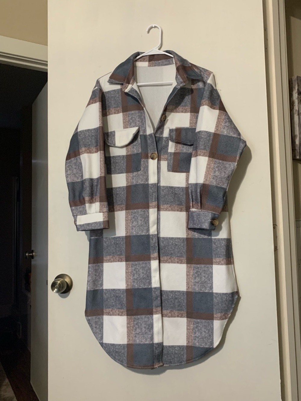 Plaid Shirt Jacket — Cream, Blue & Brown